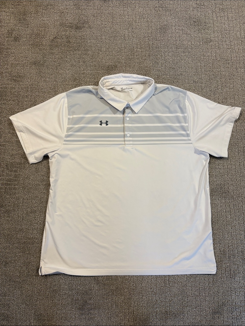 Under Armour Men’s White Polo with Light Gray Chest Stripes